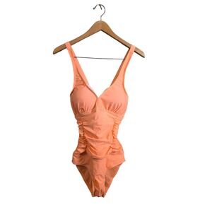 Shely Women Peach Ruched One Piece Swimsuit V-Neck Adjustable Straps Size Small